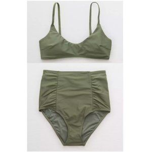 aerie Scoop Bikini Top & High Waisted Bikini Bottom, Olive Fun Green, M